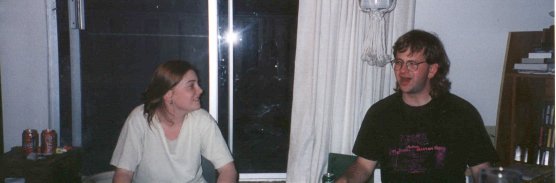 Me (on the right) running a Cyberpunk 2.0.2.0. game. That evening the group was trying to stop an evil drug-dealing crimelord. Jen (on the left) was awaiting her chance to enter the drug-lab and promptly break something.